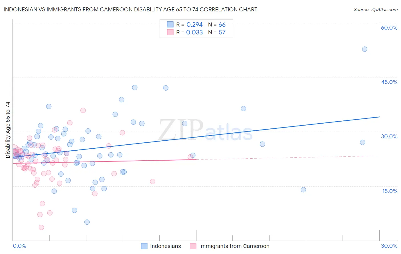 Indonesian vs Immigrants from Cameroon Disability Age 65 to 74