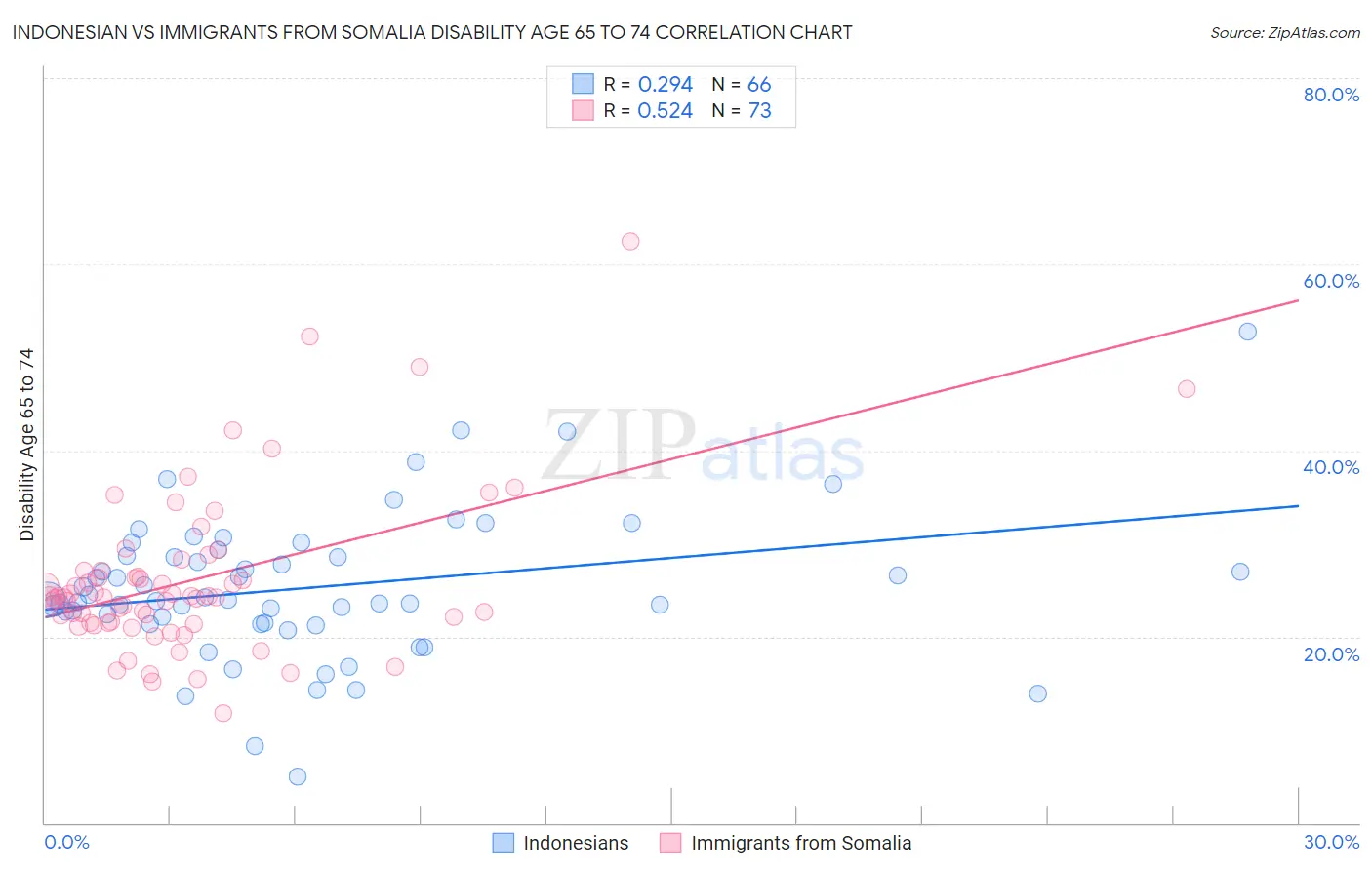 Indonesian vs Immigrants from Somalia Disability Age 65 to 74