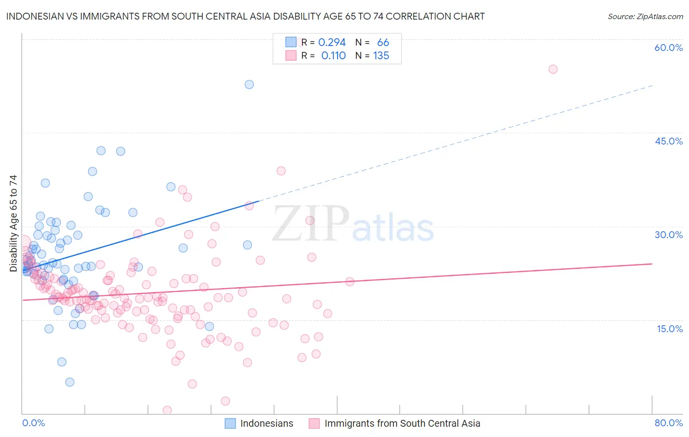 Indonesian vs Immigrants from South Central Asia Disability Age 65 to 74