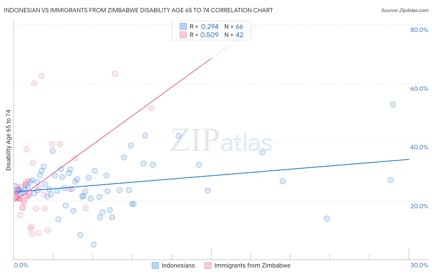 Indonesian vs Immigrants from Zimbabwe Disability Age 65 to 74