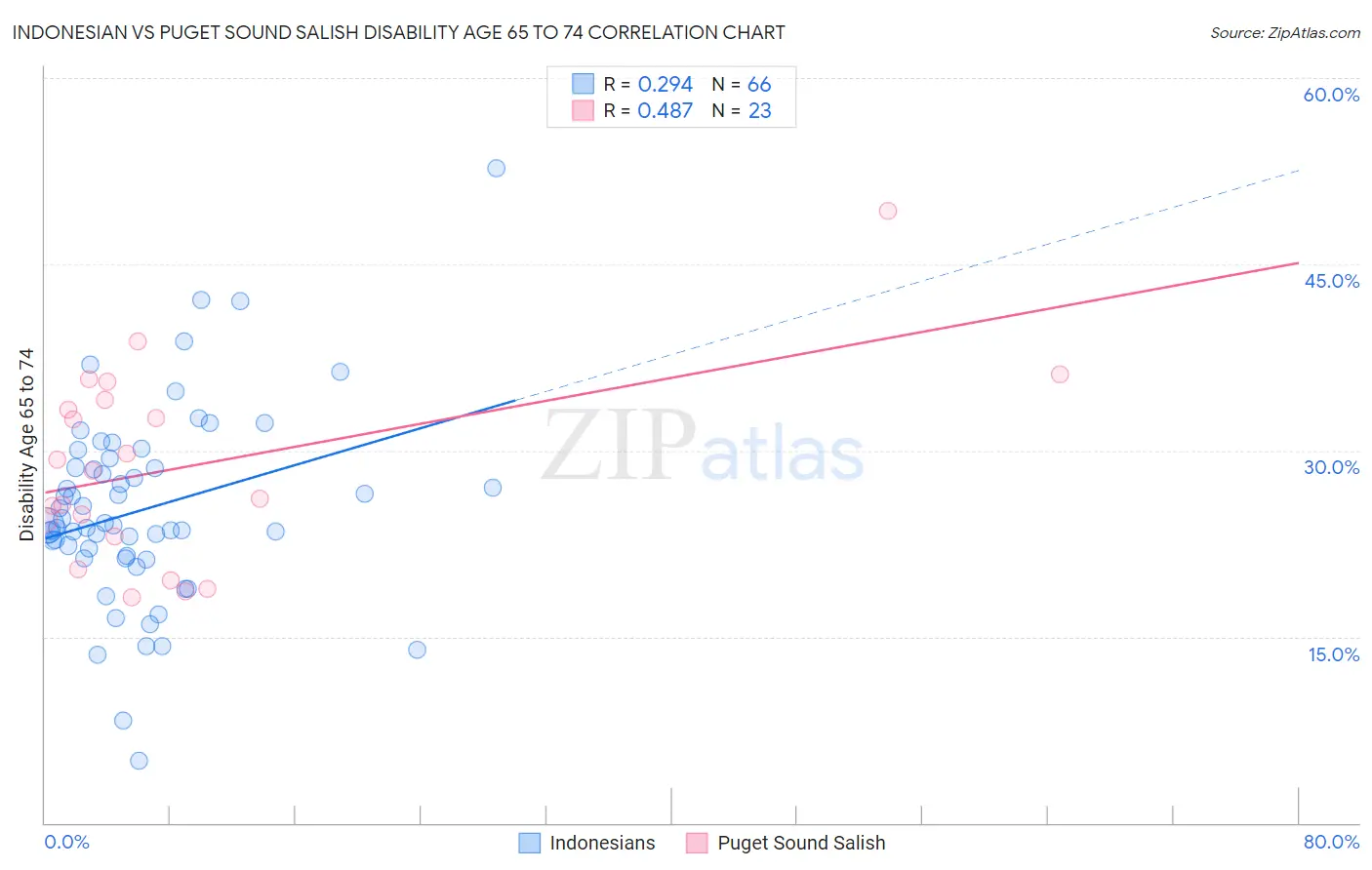 Indonesian vs Puget Sound Salish Disability Age 65 to 74