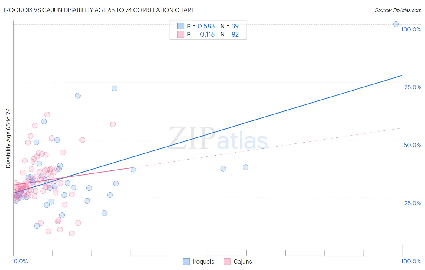 Iroquois vs Cajun Disability Age 65 to 74