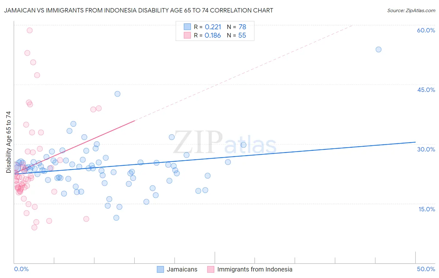 Jamaican vs Immigrants from Indonesia Disability Age 65 to 74