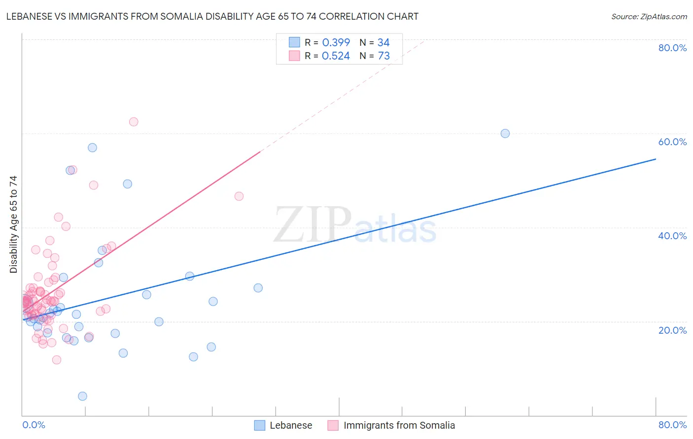 Lebanese vs Immigrants from Somalia Disability Age 65 to 74