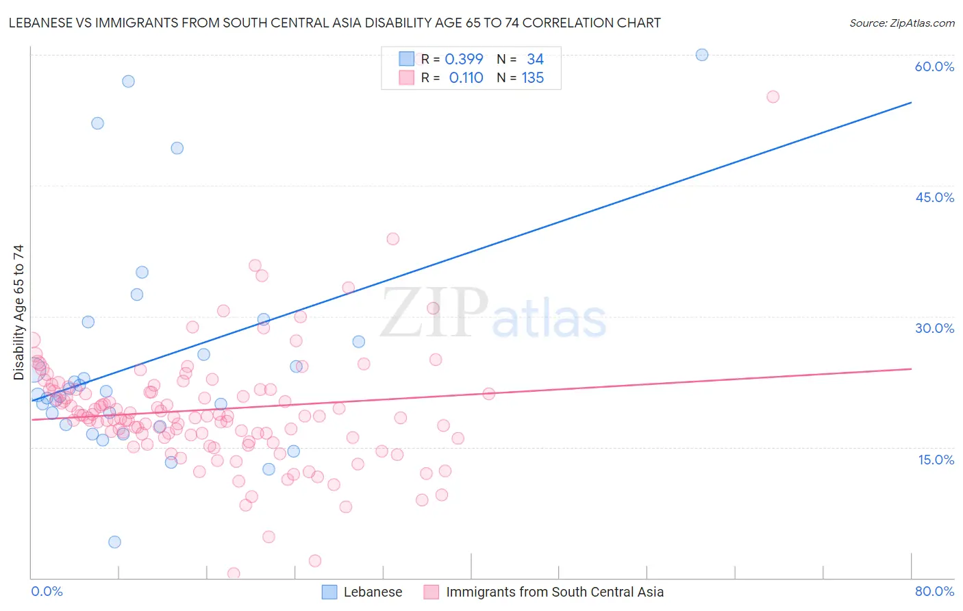 Lebanese vs Immigrants from South Central Asia Disability Age 65 to 74