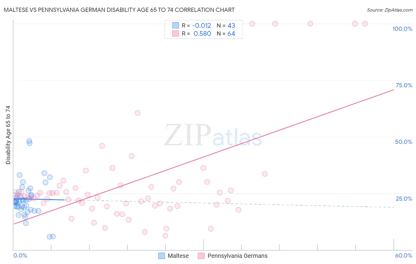 Maltese vs Pennsylvania German Disability Age 65 to 74