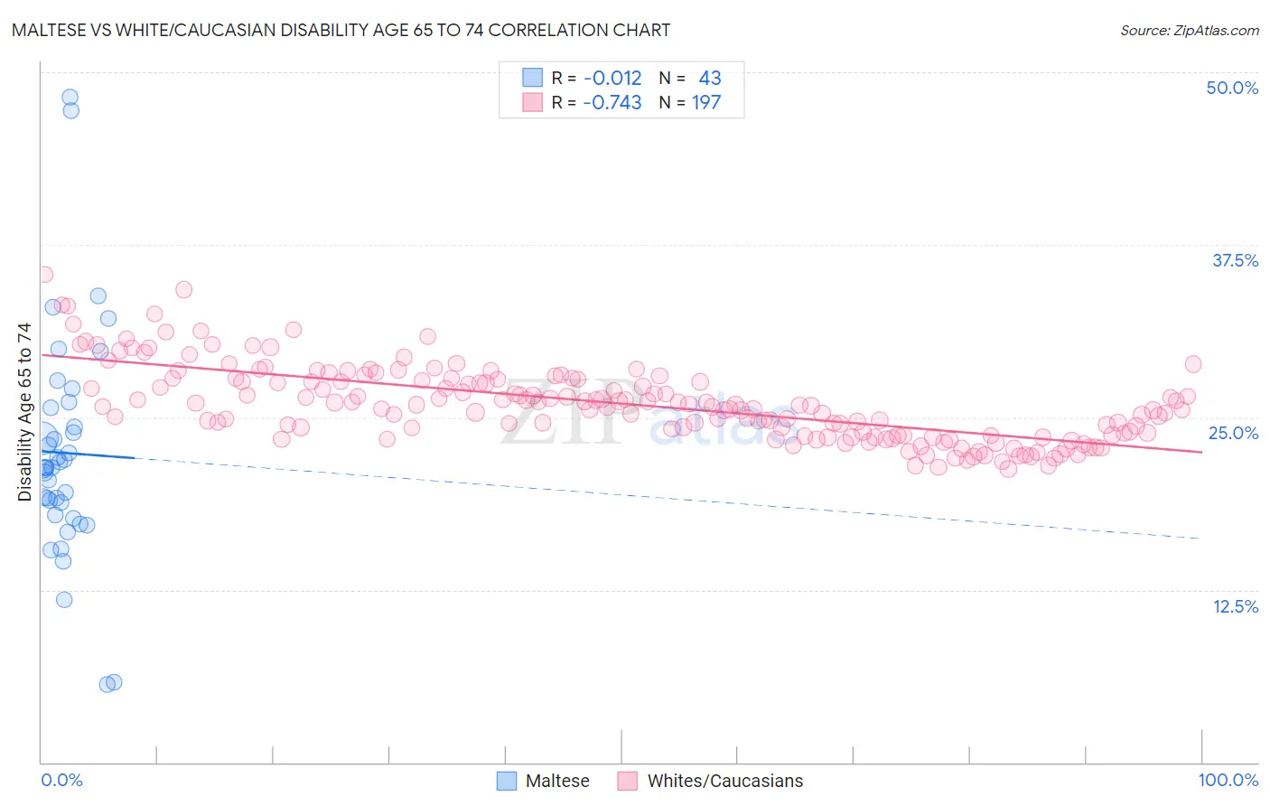 Maltese vs White/Caucasian Disability Age 65 to 74