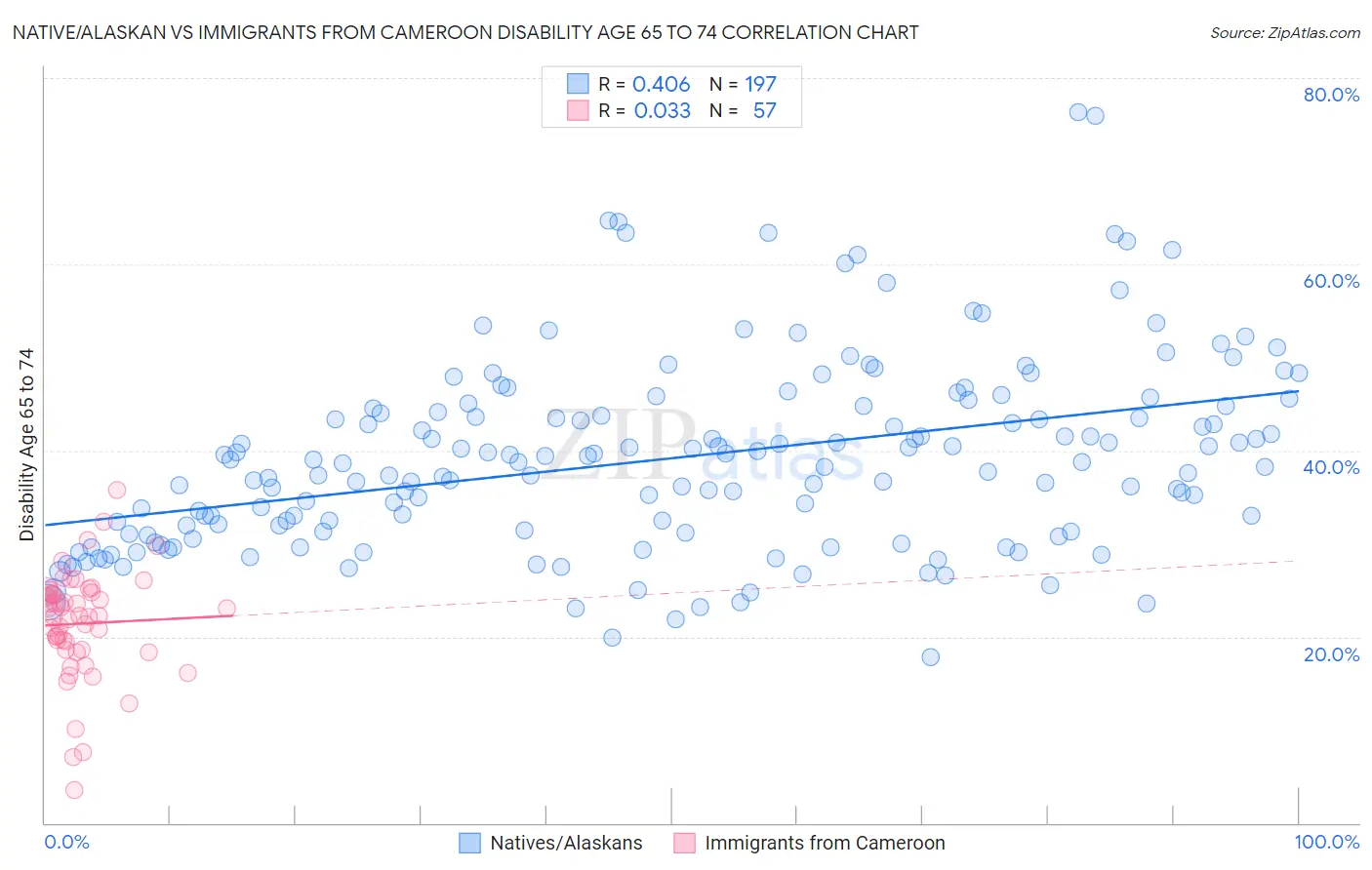 Native/Alaskan vs Immigrants from Cameroon Disability Age 65 to 74