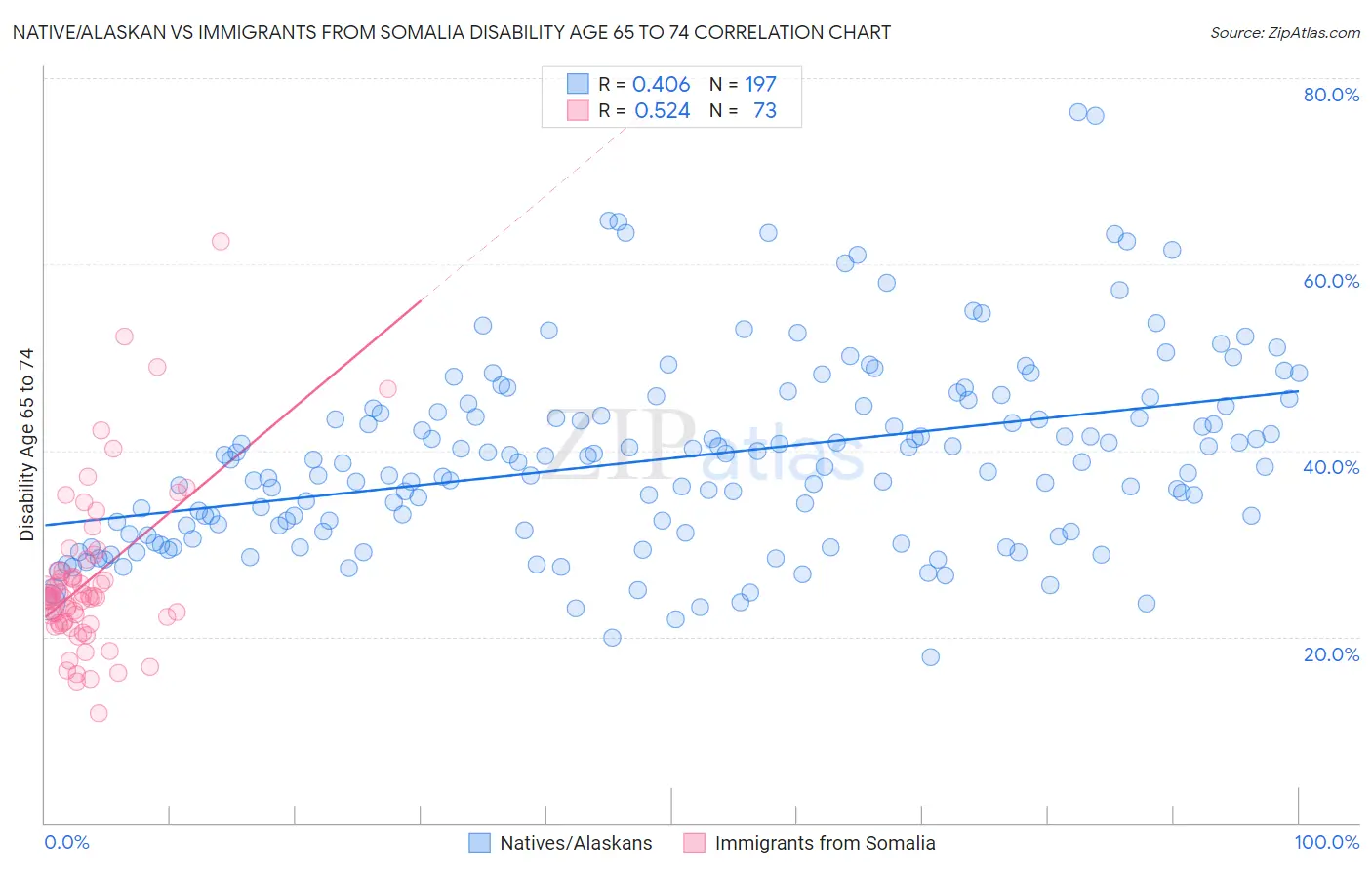 Native/Alaskan vs Immigrants from Somalia Disability Age 65 to 74