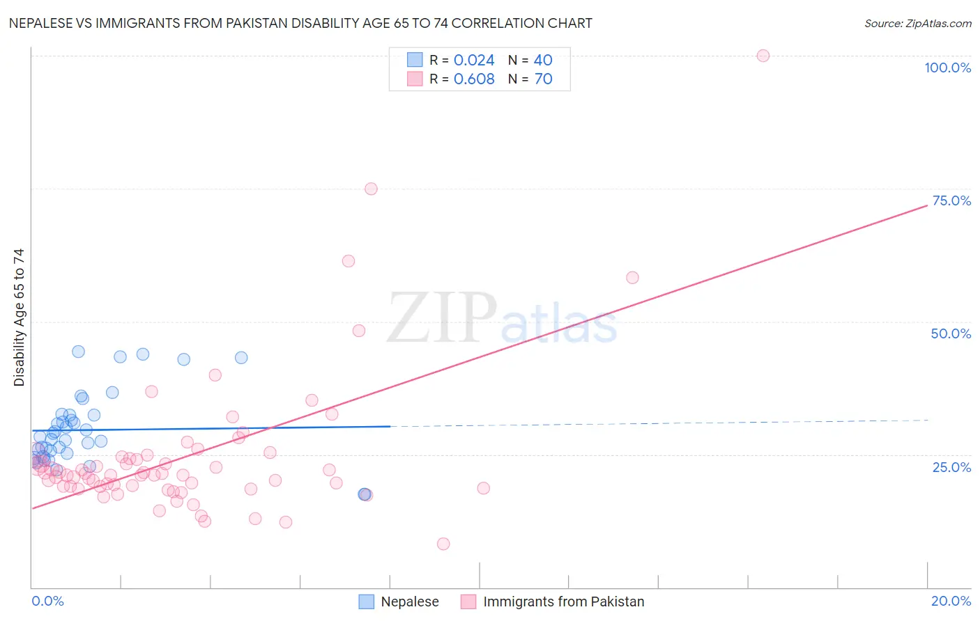 Nepalese vs Immigrants from Pakistan Disability Age 65 to 74