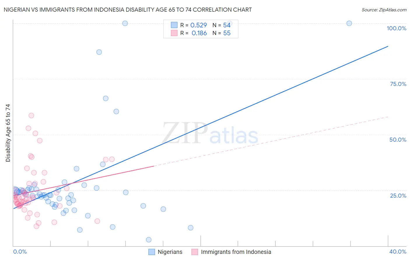 Nigerian vs Immigrants from Indonesia Disability Age 65 to 74