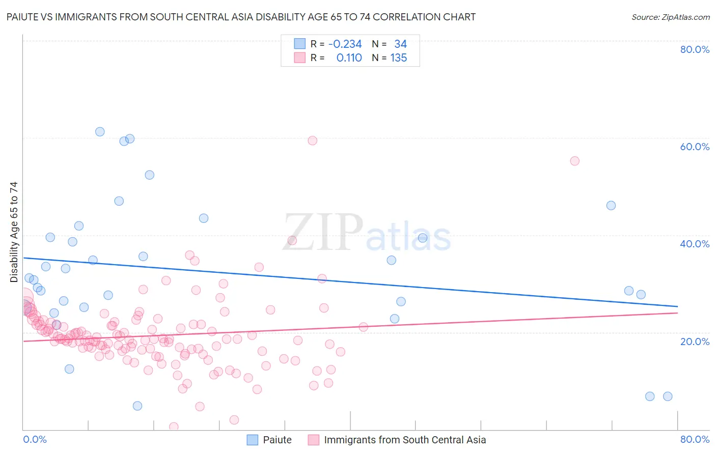 Paiute vs Immigrants from South Central Asia Disability Age 65 to 74