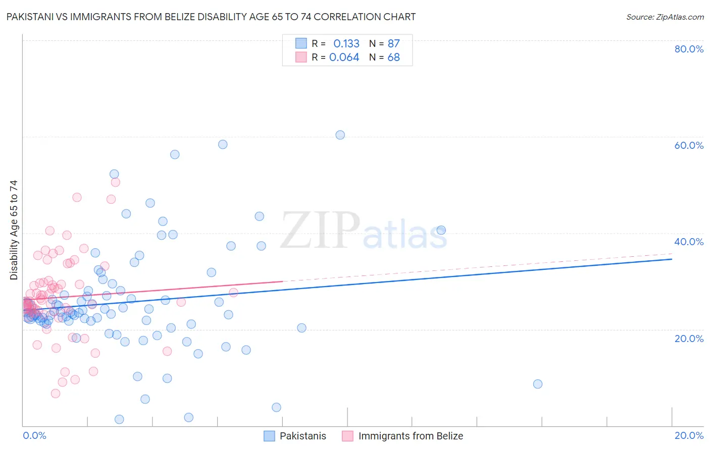 Pakistani vs Immigrants from Belize Disability Age 65 to 74