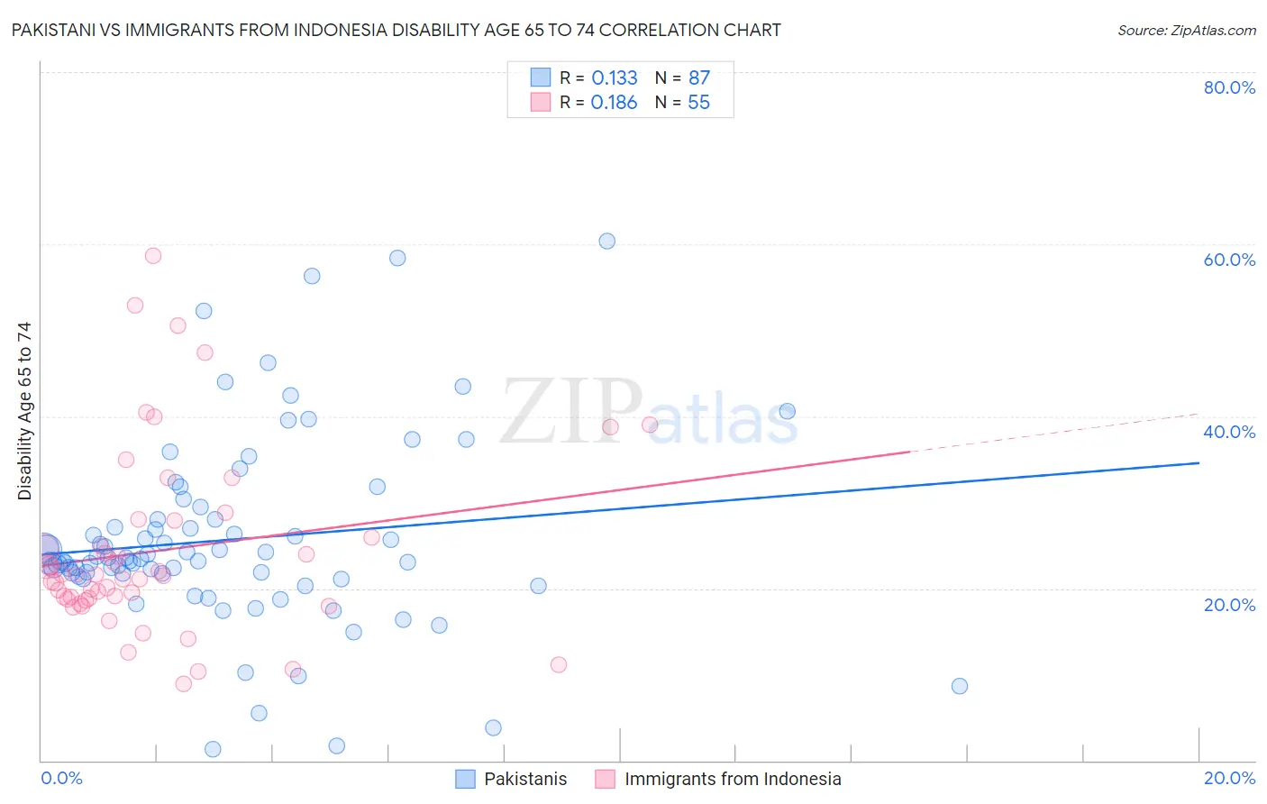 Pakistani vs Immigrants from Indonesia Disability Age 65 to 74