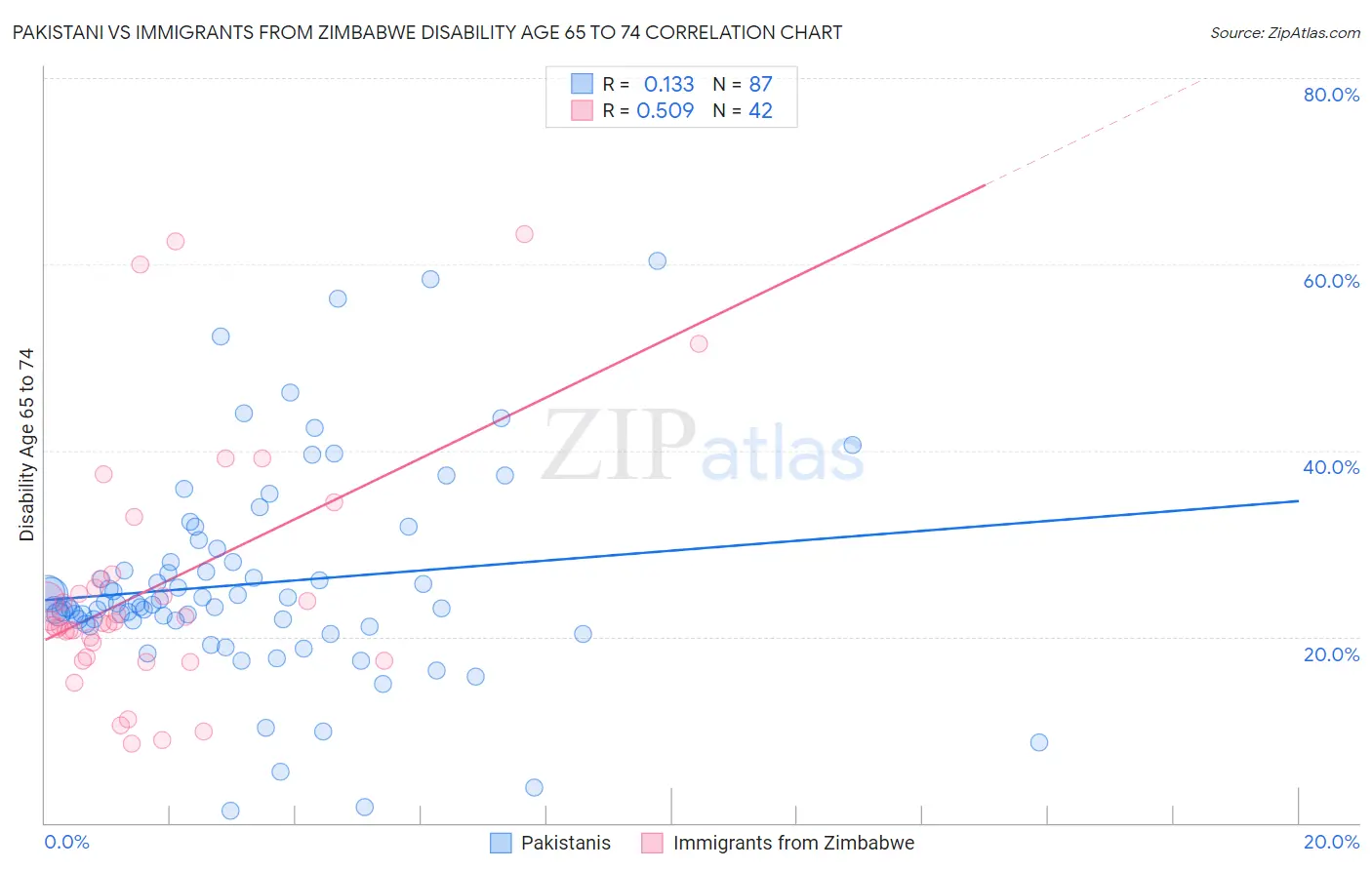 Pakistani vs Immigrants from Zimbabwe Disability Age 65 to 74