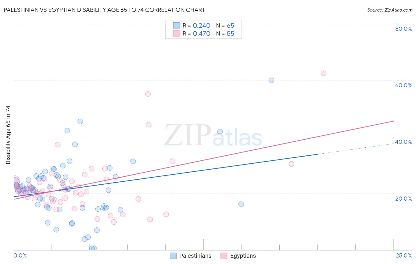 Palestinian vs Egyptian Disability Age 65 to 74