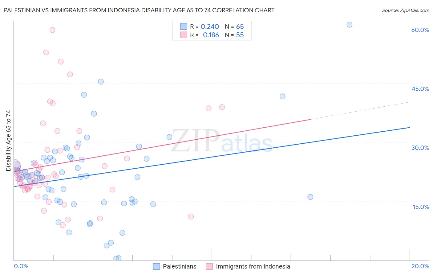 Palestinian vs Immigrants from Indonesia Disability Age 65 to 74