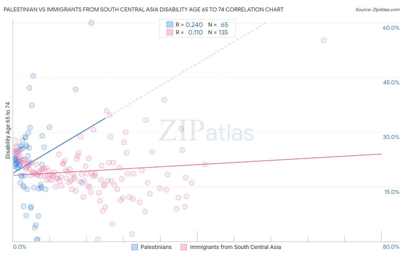 Palestinian vs Immigrants from South Central Asia Disability Age 65 to 74