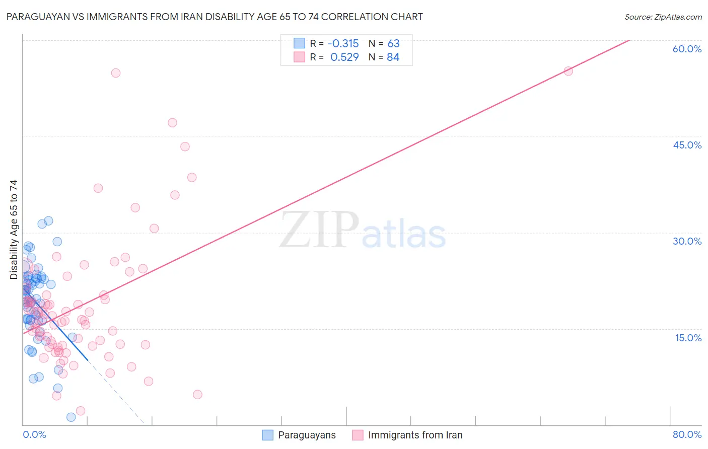 Paraguayan vs Immigrants from Iran Disability Age 65 to 74