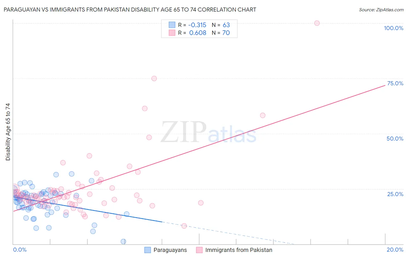 Paraguayan vs Immigrants from Pakistan Disability Age 65 to 74