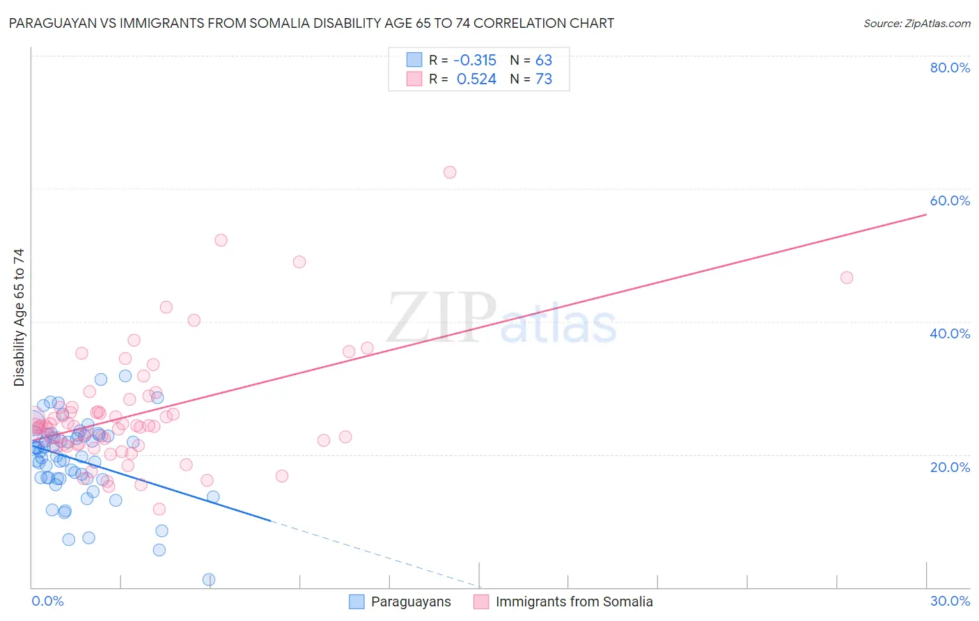Paraguayan vs Immigrants from Somalia Disability Age 65 to 74