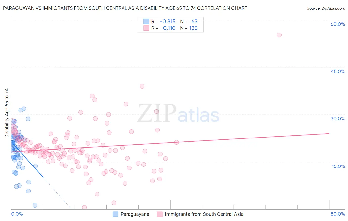 Paraguayan vs Immigrants from South Central Asia Disability Age 65 to 74
