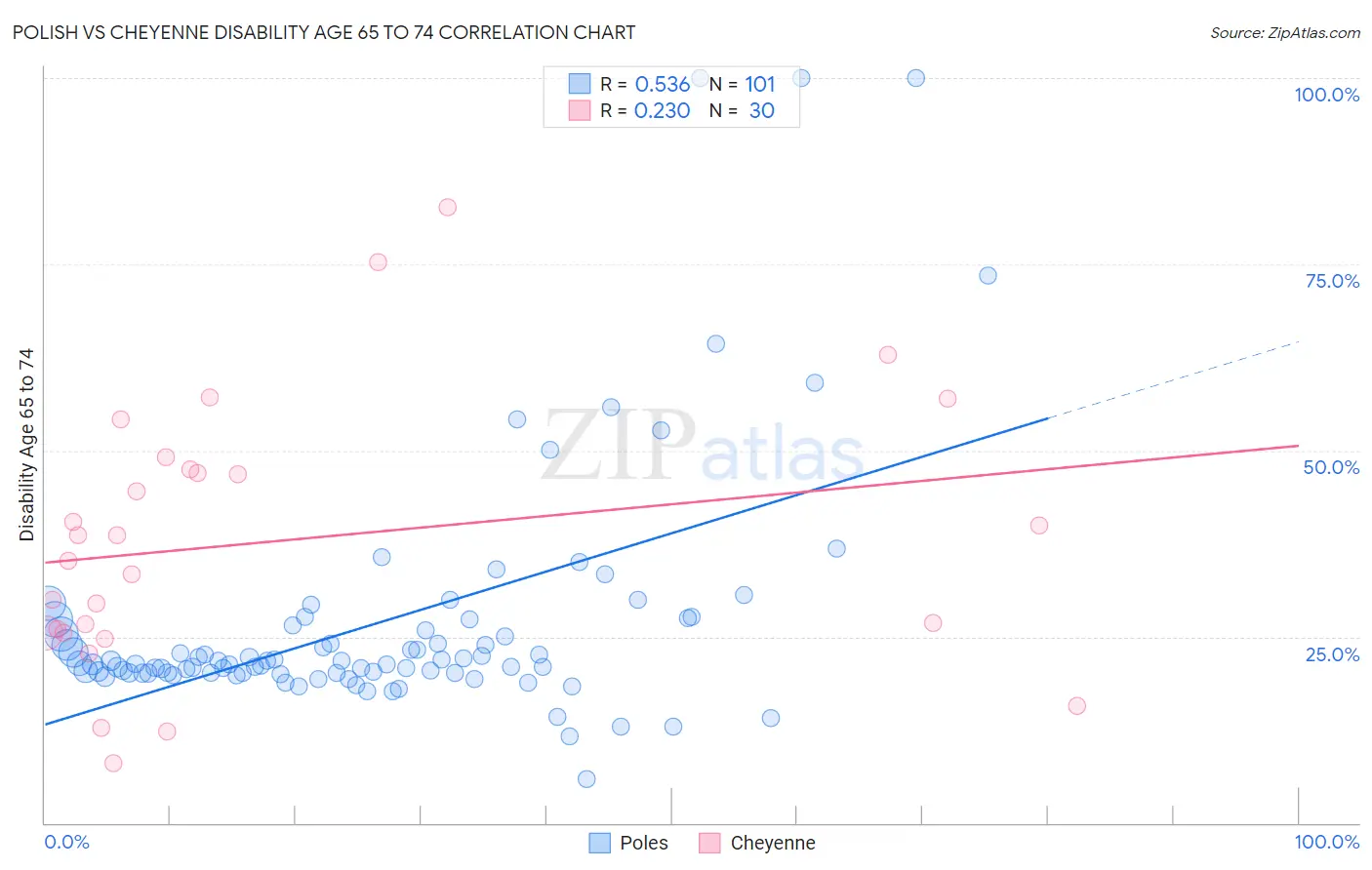 Polish vs Cheyenne Disability Age 65 to 74