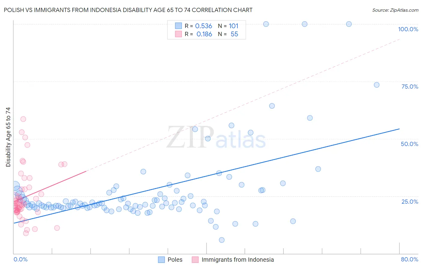 Polish vs Immigrants from Indonesia Disability Age 65 to 74