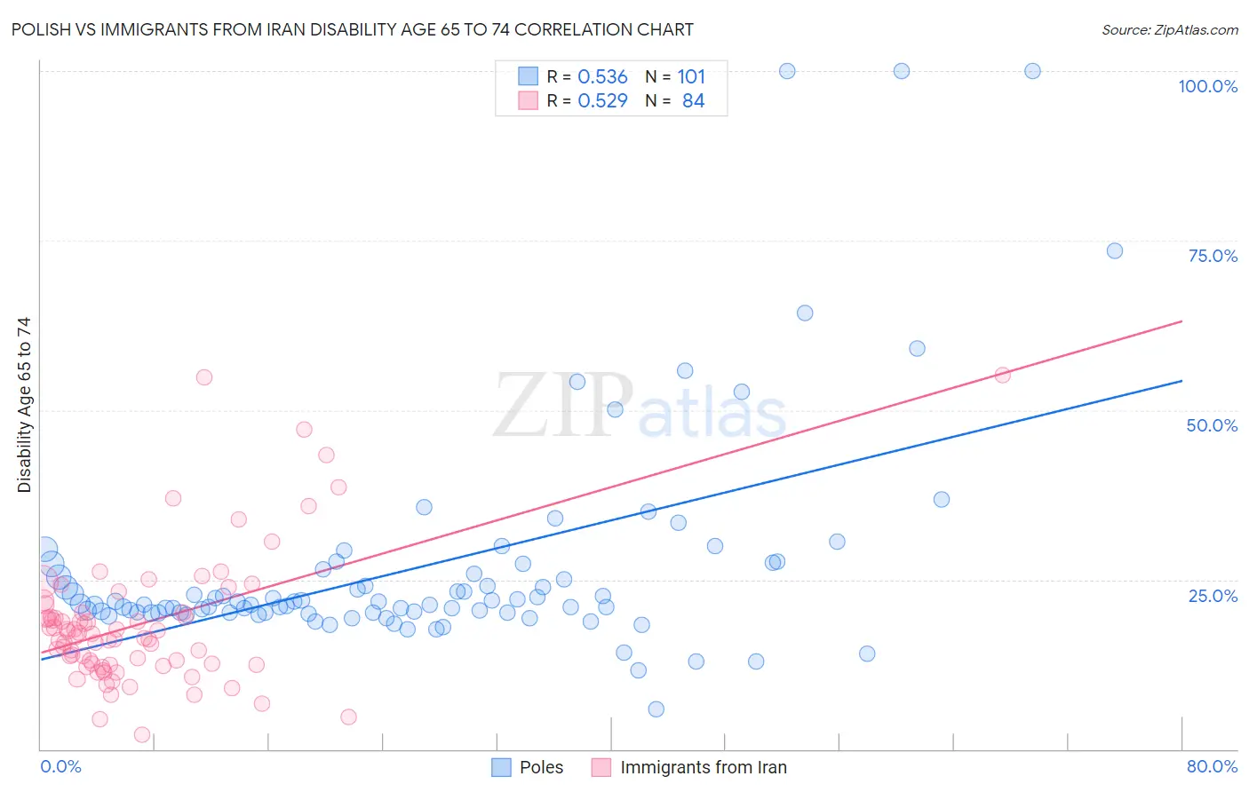 Polish vs Immigrants from Iran Disability Age 65 to 74