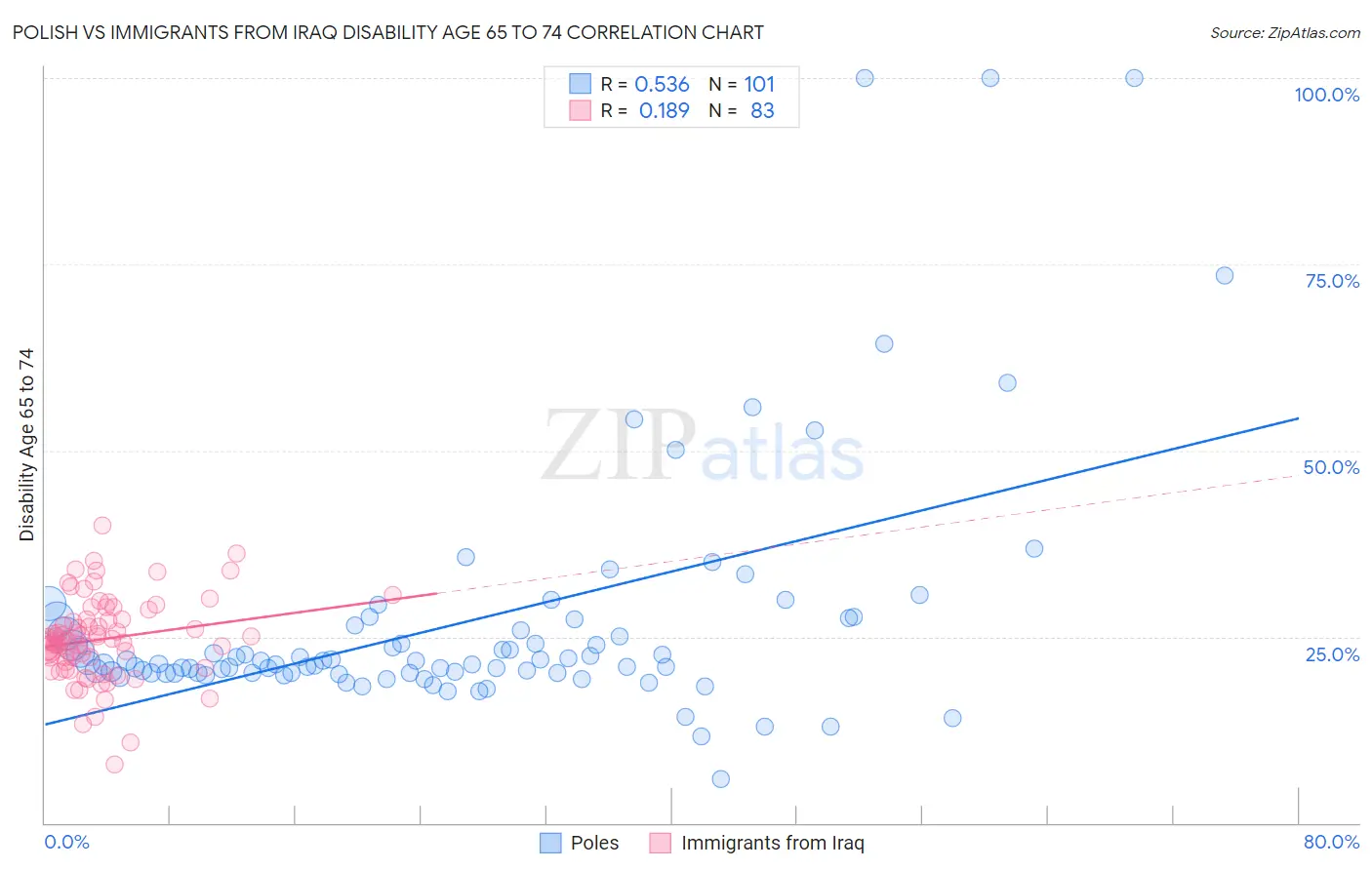Polish vs Immigrants from Iraq Disability Age 65 to 74