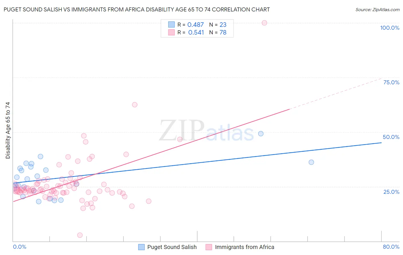 Puget Sound Salish vs Immigrants from Africa Disability Age 65 to 74