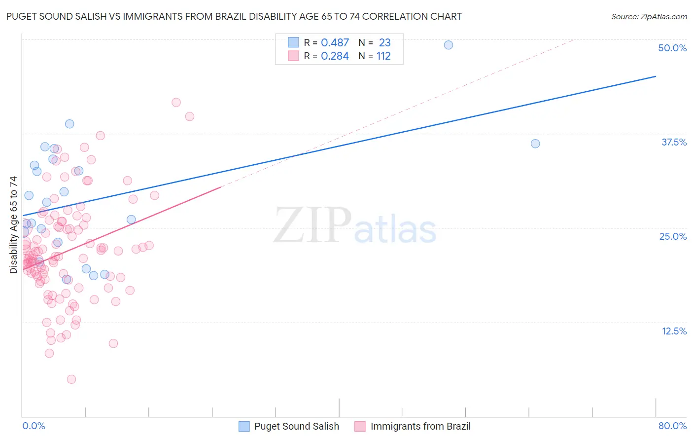 Puget Sound Salish vs Immigrants from Brazil Disability Age 65 to 74