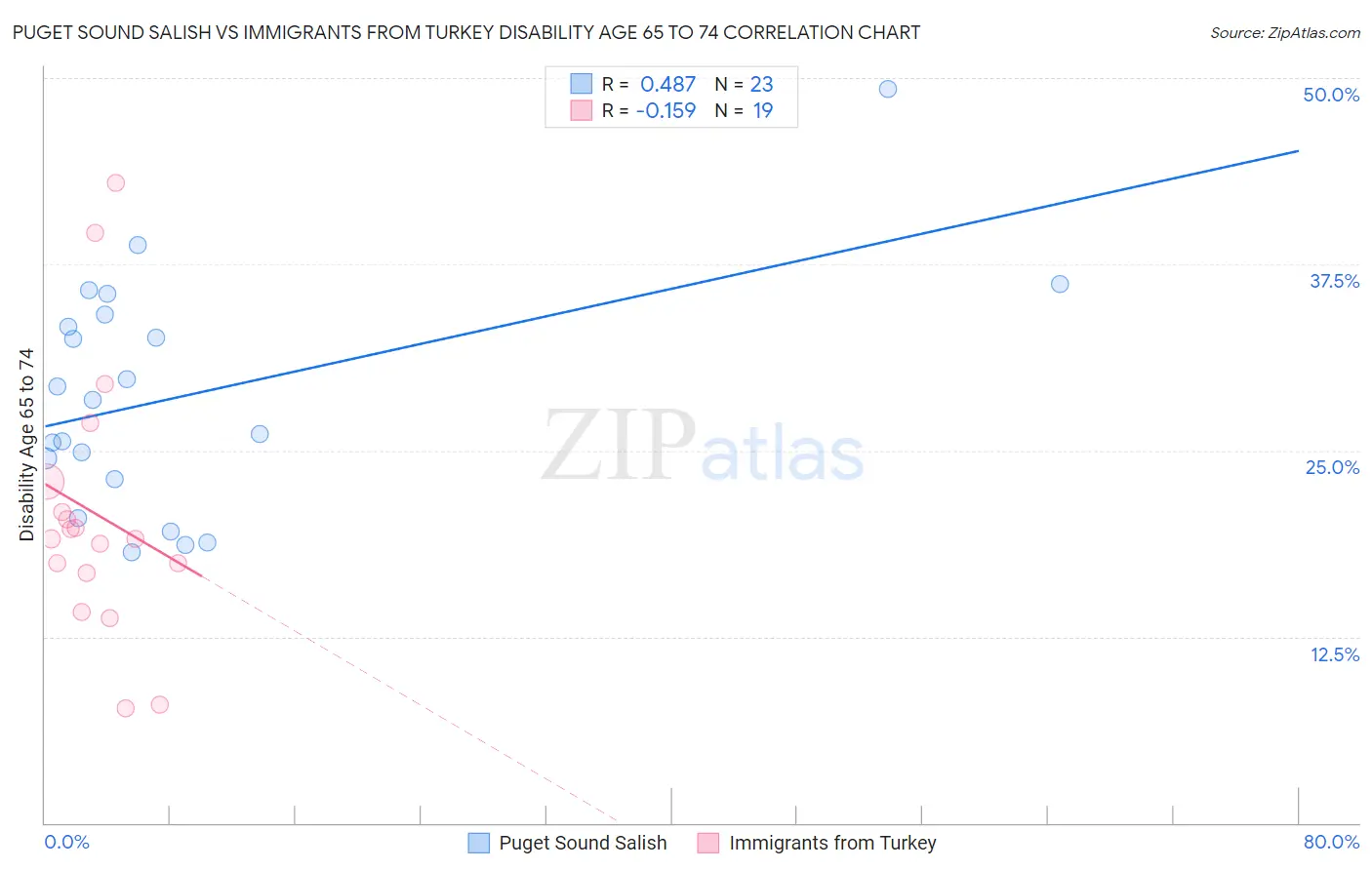 Puget Sound Salish vs Immigrants from Turkey Disability Age 65 to 74