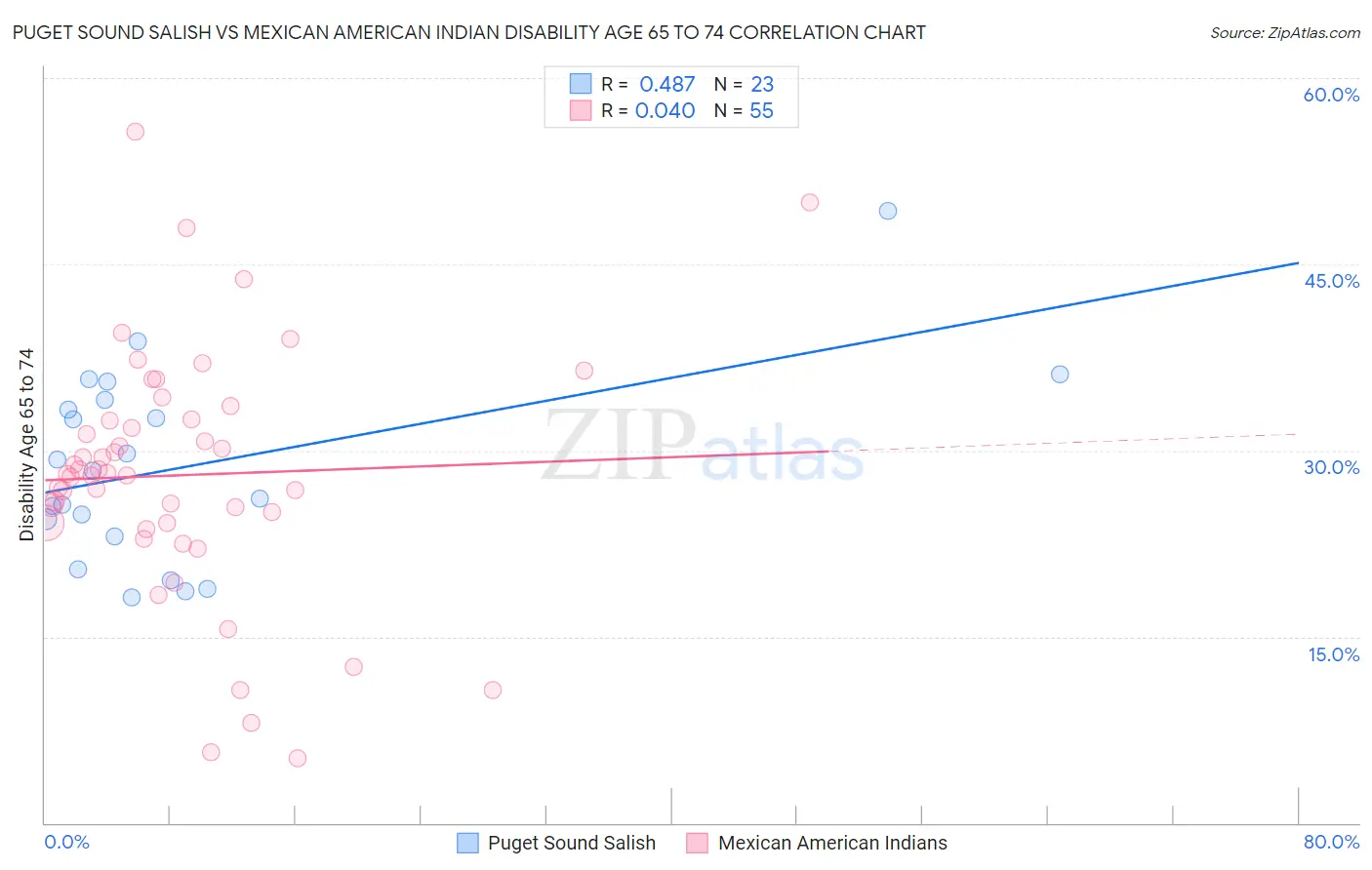 Puget Sound Salish vs Mexican American Indian Disability Age 65 to 74