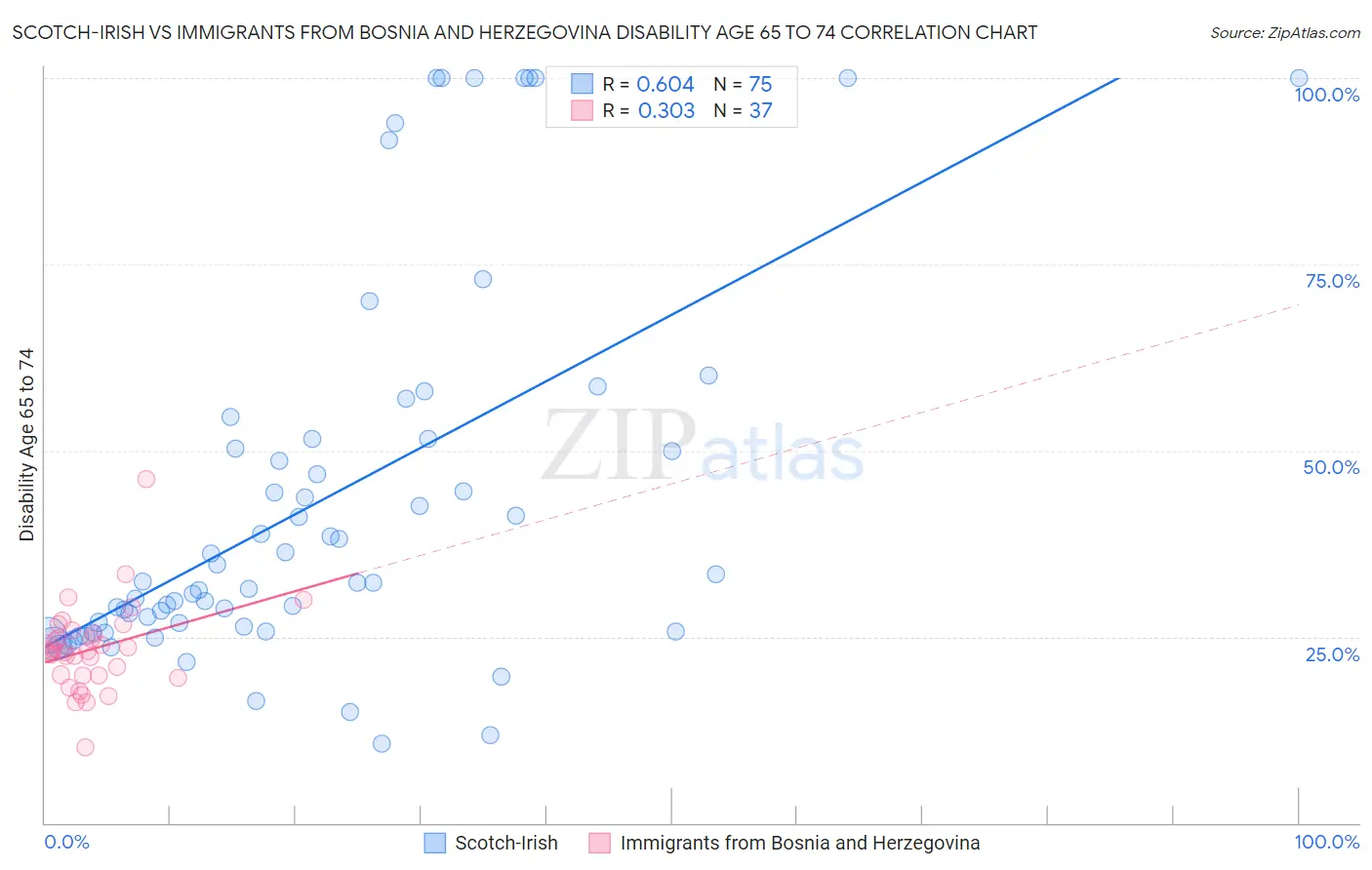 Scotch-Irish vs Immigrants from Bosnia and Herzegovina Disability Age 65 to 74