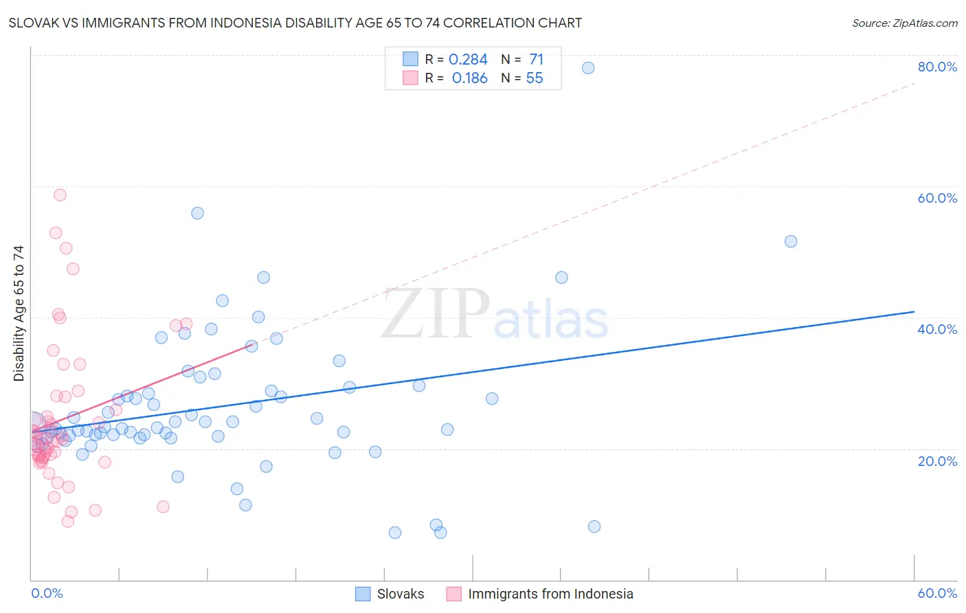 Slovak vs Immigrants from Indonesia Disability Age 65 to 74