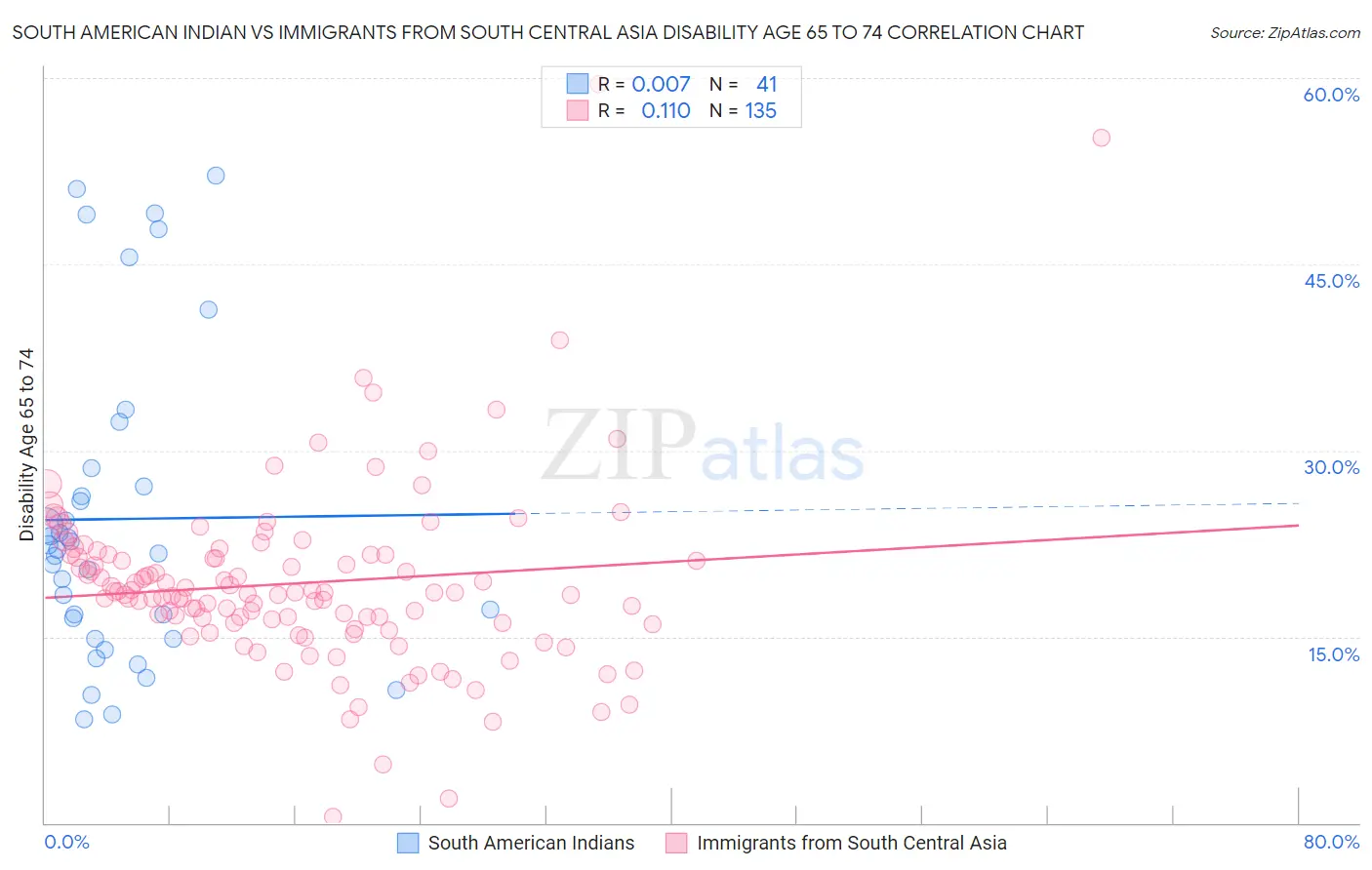 South American Indian vs Immigrants from South Central Asia Disability Age 65 to 74