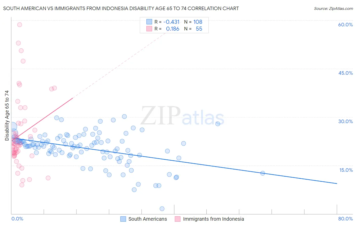 South American vs Immigrants from Indonesia Disability Age 65 to 74