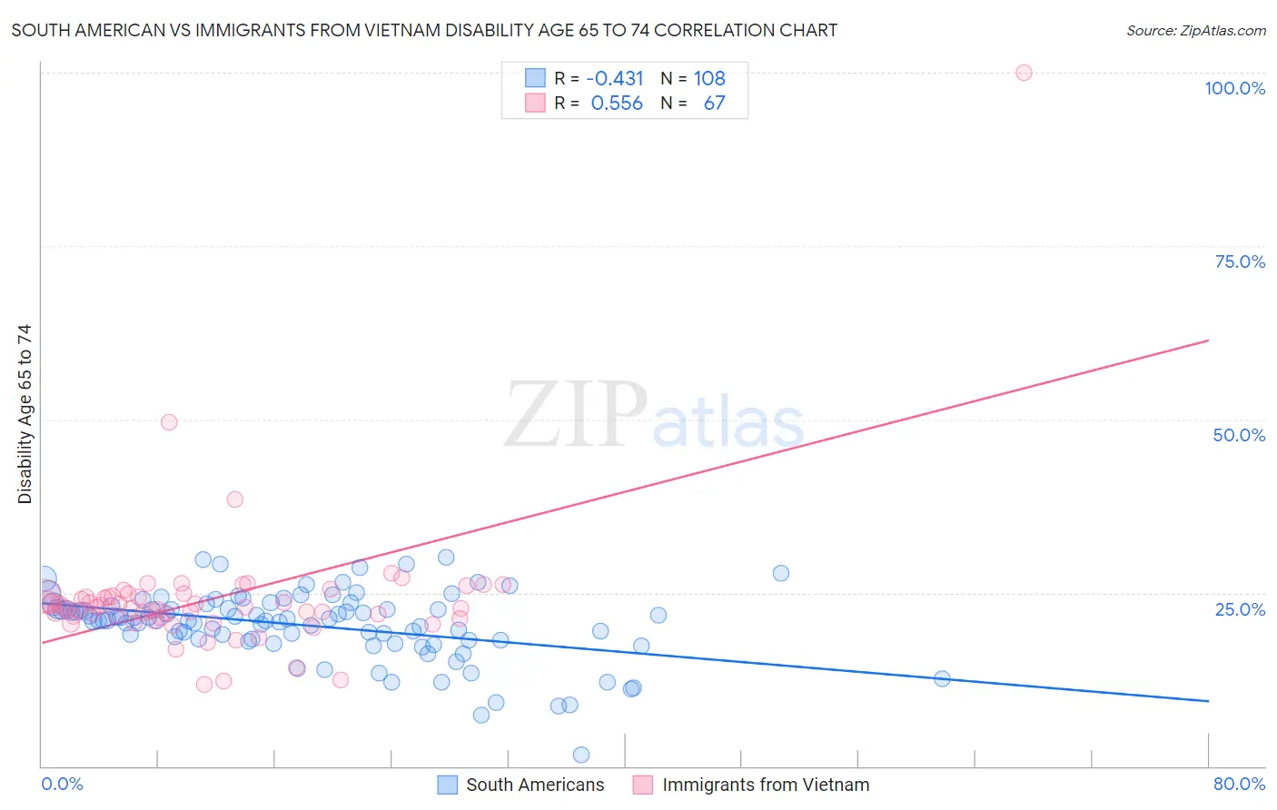 South American vs Immigrants from Vietnam Disability Age 65 to 74