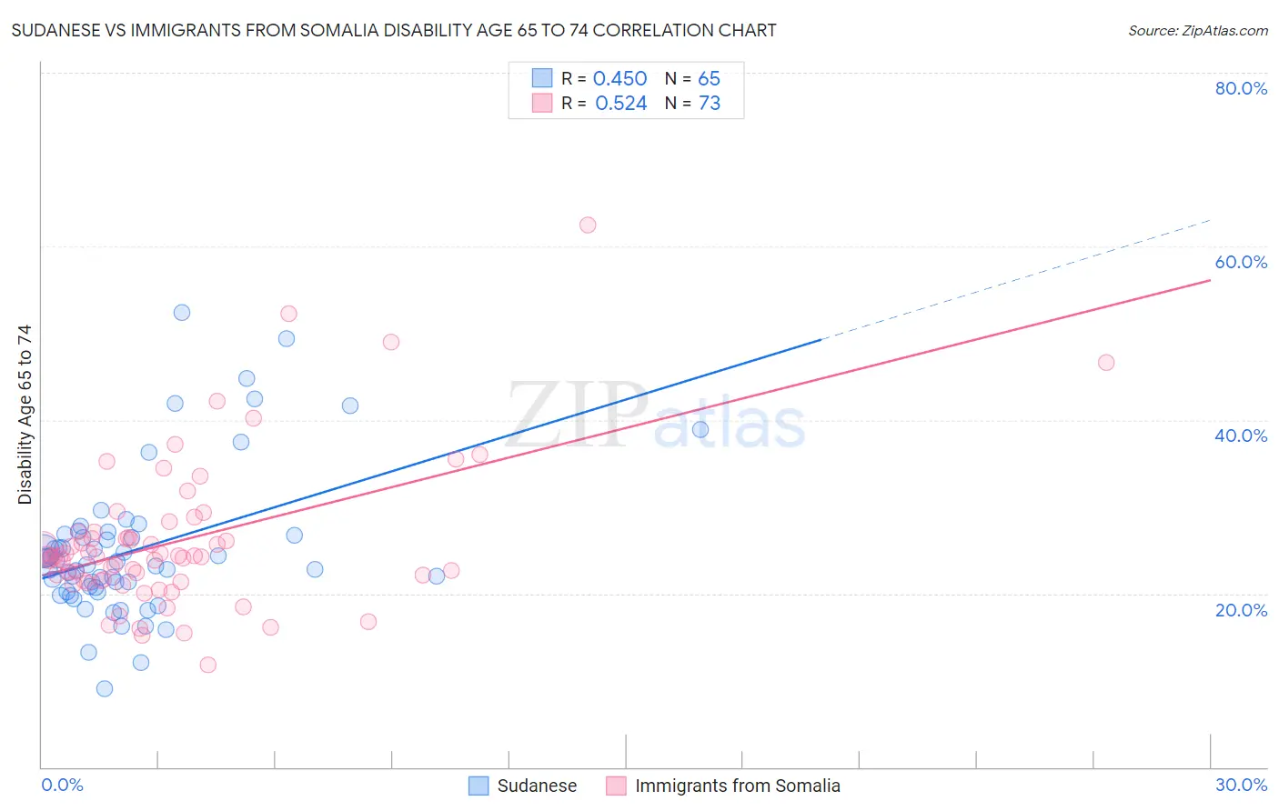 Sudanese vs Immigrants from Somalia Disability Age 65 to 74