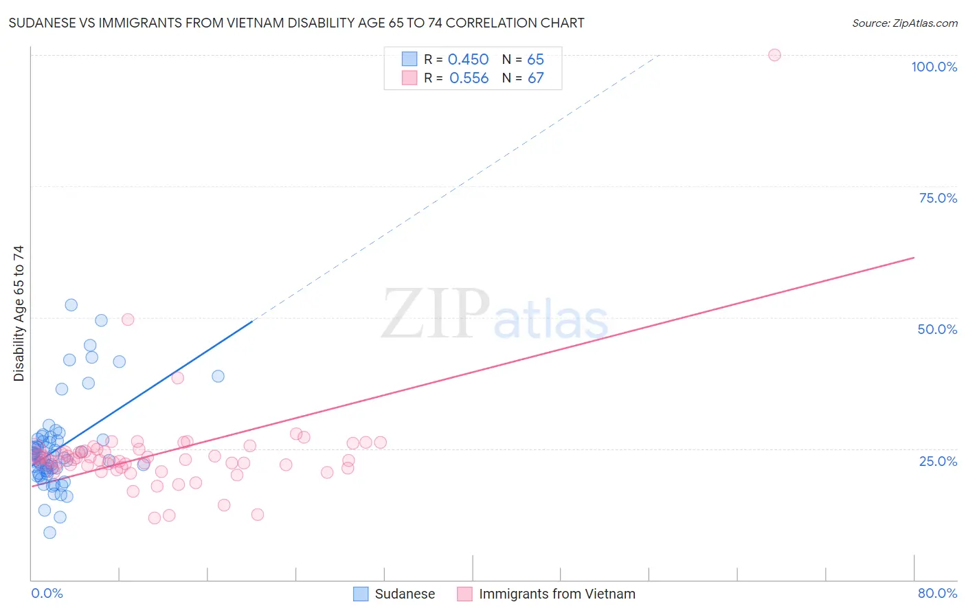 Sudanese vs Immigrants from Vietnam Disability Age 65 to 74