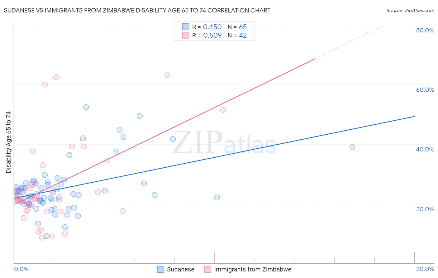 Sudanese vs Immigrants from Zimbabwe Disability Age 65 to 74