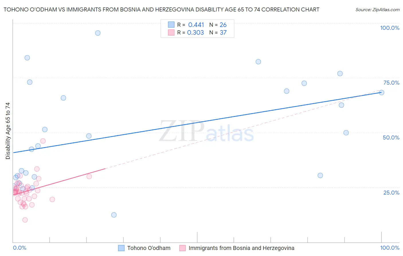 Tohono O'odham vs Immigrants from Bosnia and Herzegovina Disability Age 65 to 74