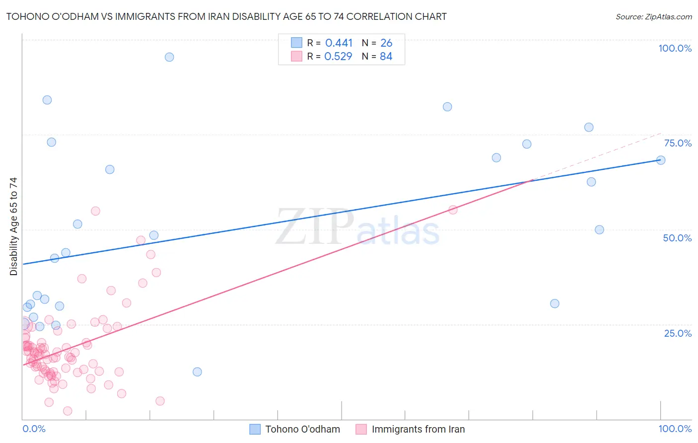 Tohono O'odham vs Immigrants from Iran Disability Age 65 to 74