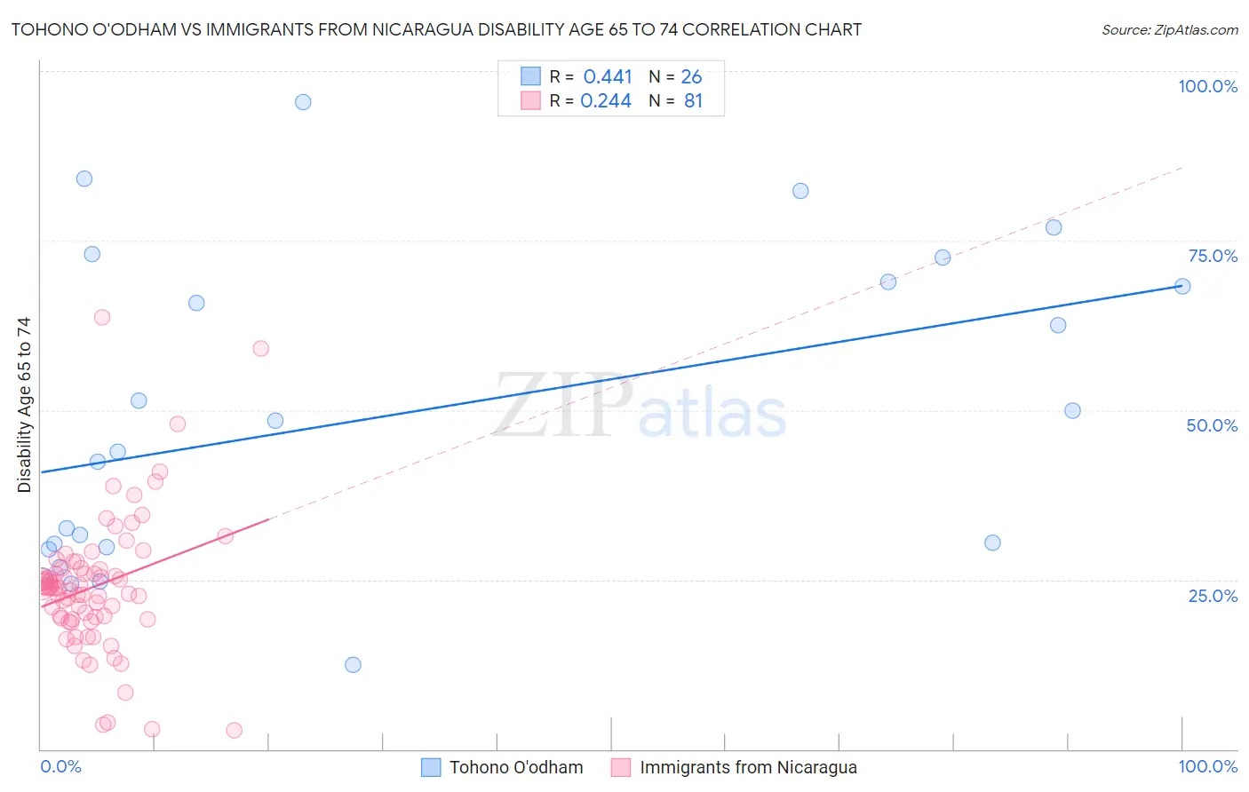 Tohono O'odham vs Immigrants from Nicaragua Disability Age 65 to 74