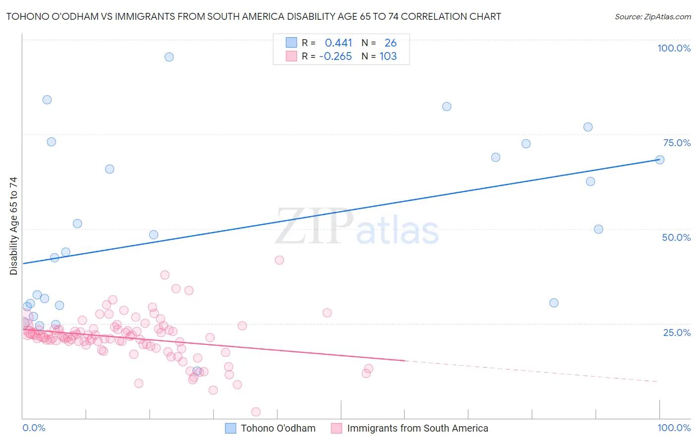 Tohono O'odham vs Immigrants from South America Disability Age 65 to 74