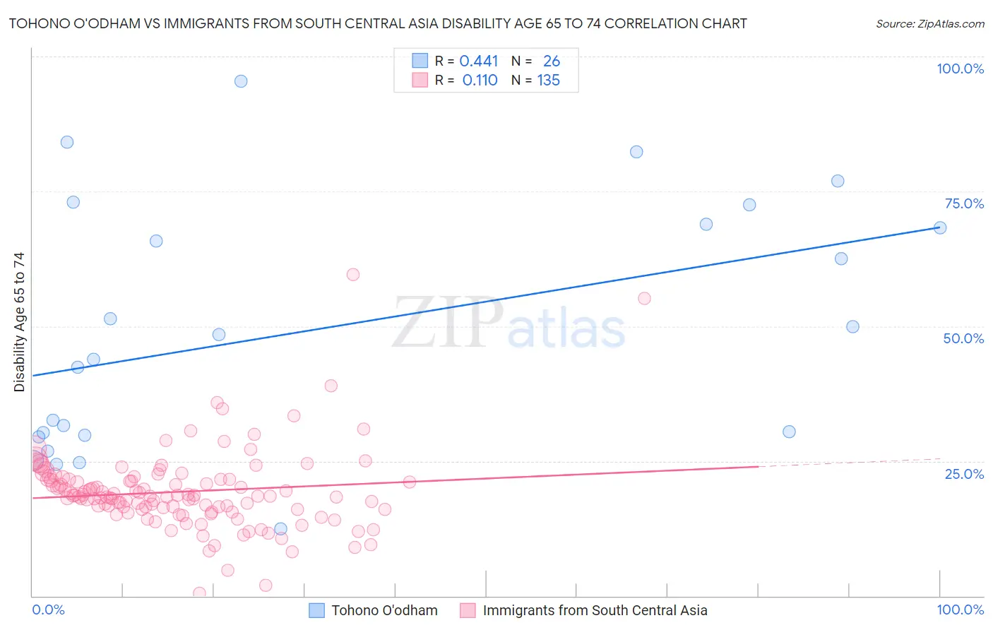 Tohono O'odham vs Immigrants from South Central Asia Disability Age 65 to 74