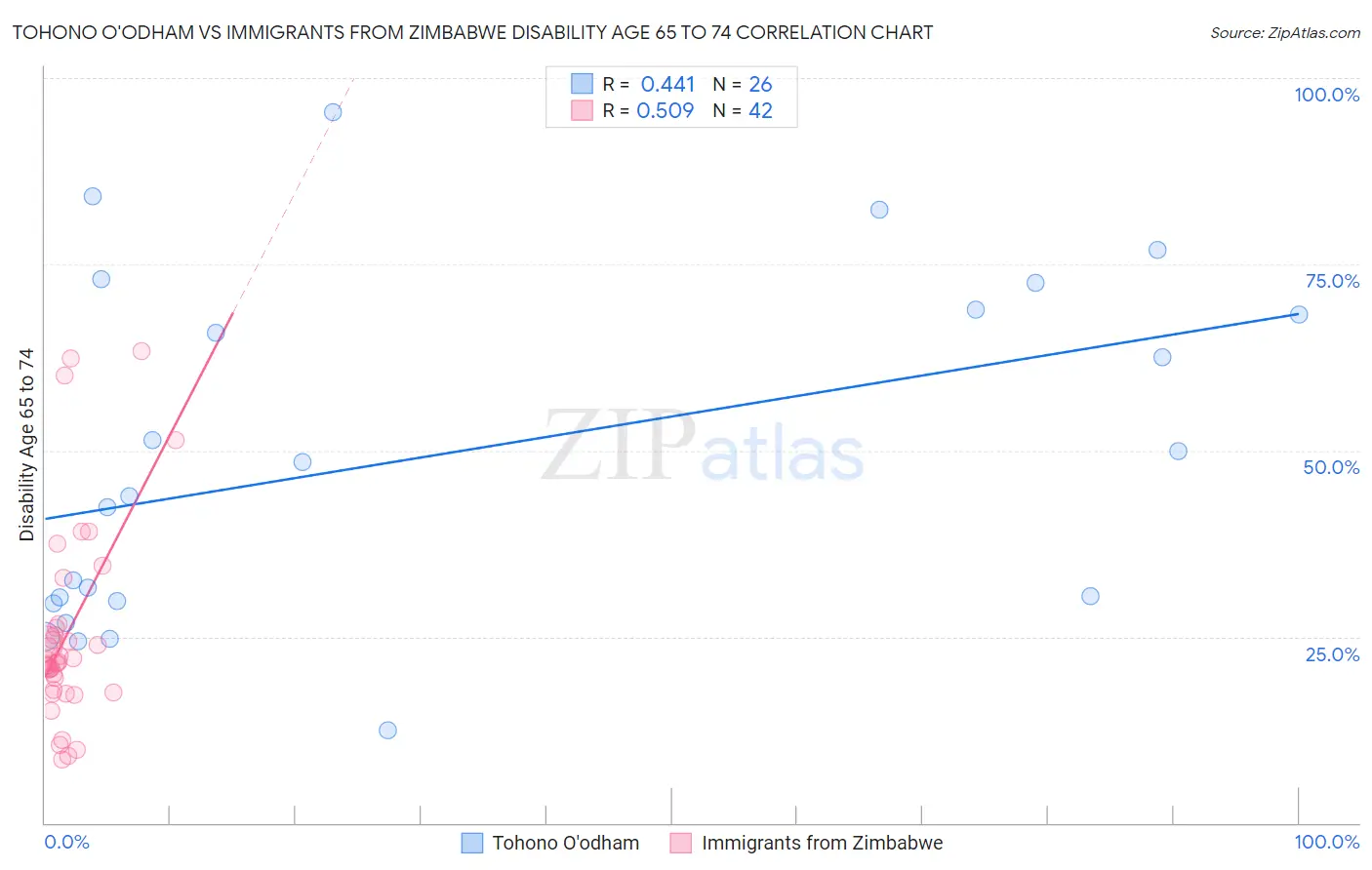 Tohono O'odham vs Immigrants from Zimbabwe Disability Age 65 to 74