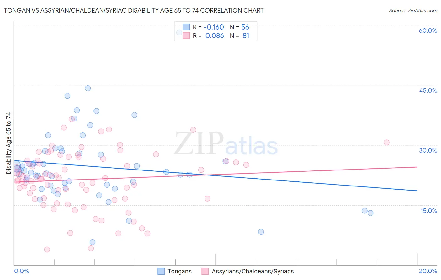 Tongan vs Assyrian/Chaldean/Syriac Disability Age 65 to 74