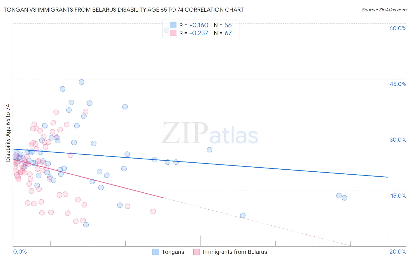 Tongan vs Immigrants from Belarus Disability Age 65 to 74